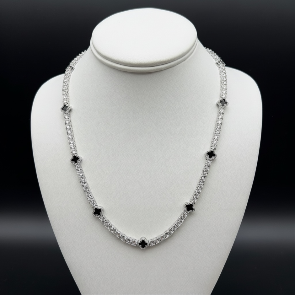 Silver-Filled Tennis Necklace Four-Leaf Clover & AAA Cubic Zirconias60.9cm