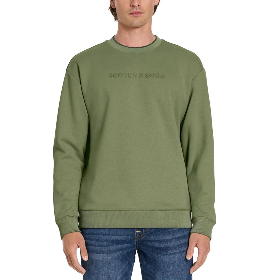 SCOTCH&SODA Men's Embossed Crew Sweatshirt, Size XL, 55% Cotton, Green.