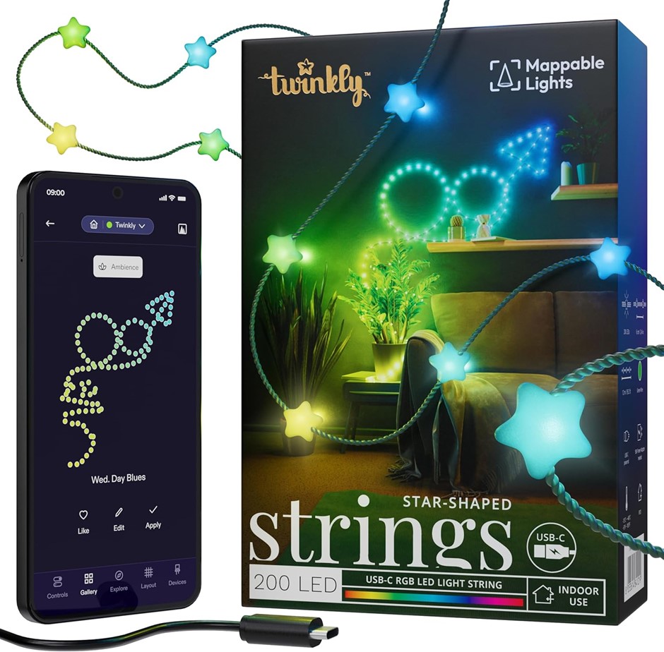 Twinkly Strings AUB-C – 200 Star-Shaped RGB LEDs, Green Wire, AUB-C. NB: mi