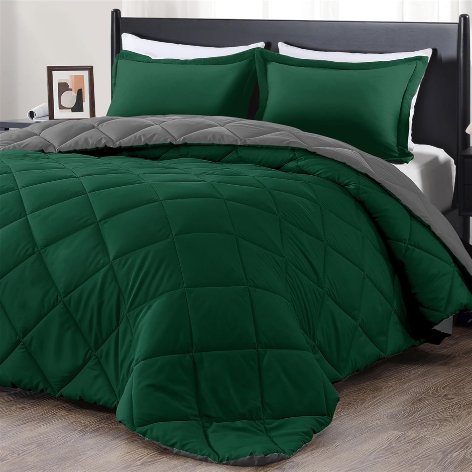 DOWNLUXE King Size Comforter Set Dark Green and Grey King Comforter, Soft B