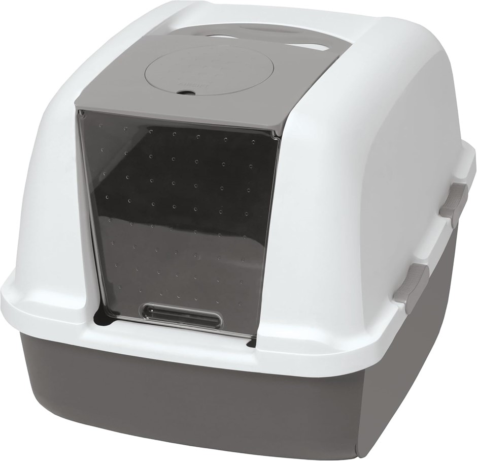CATIT Jumbo Hooded Cat Litter Pan - Warm Gray. NB: The white plastic openin