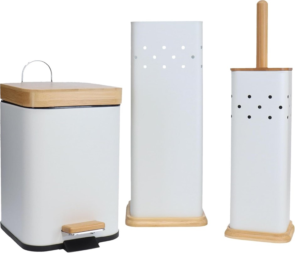ECO BASICS  3 in 1 Square Bathroom Set, White – Bamboo & Recycled Plastic,