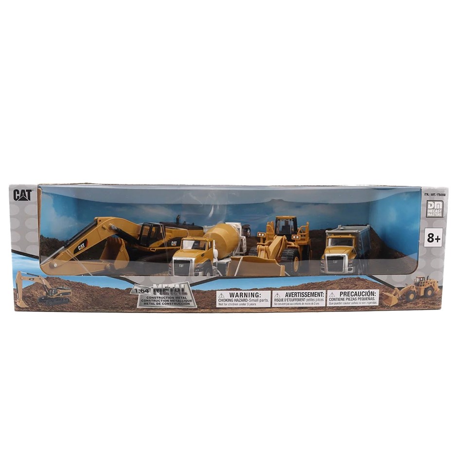 CAT Diecast Trucks 4pc Grey. N.B: Damaged packaging.