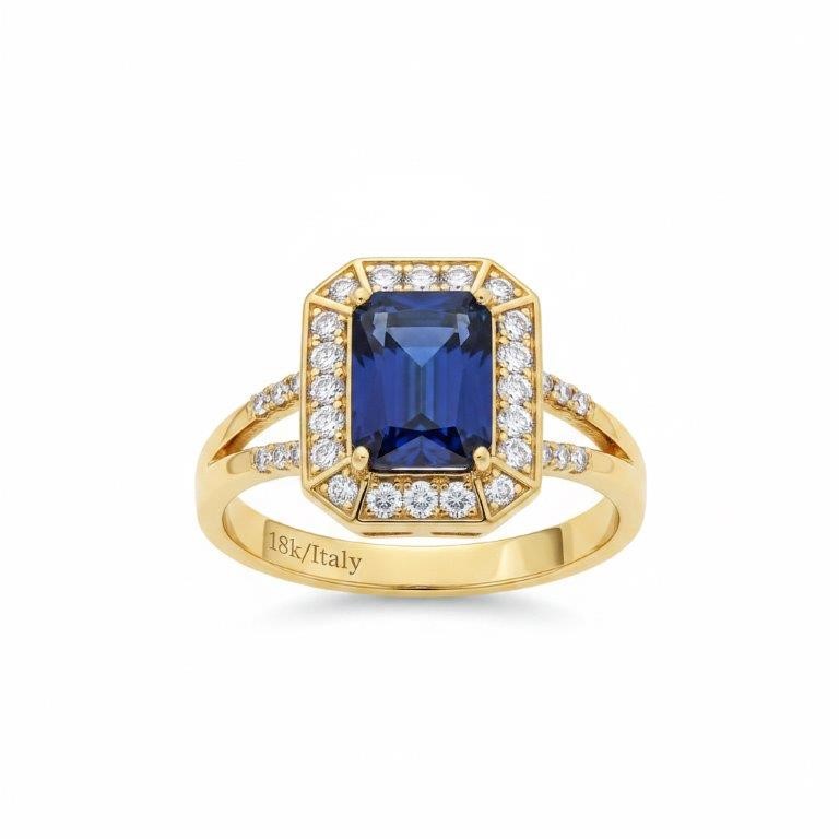 18K/Italy 8.0ct Blue Emerald Cut Yellow Gold Filled Ring(stamped)-8US