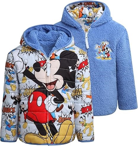 MARVEL Kids' Reversible Puffer/Sherpa Jacket, Size 5, Mickey Mouse (Blue).