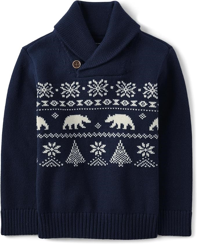 THE CHILDREN'S PLACE Boys LS Holiday Sweater, Size 2, Navy Fairisle Shawl N