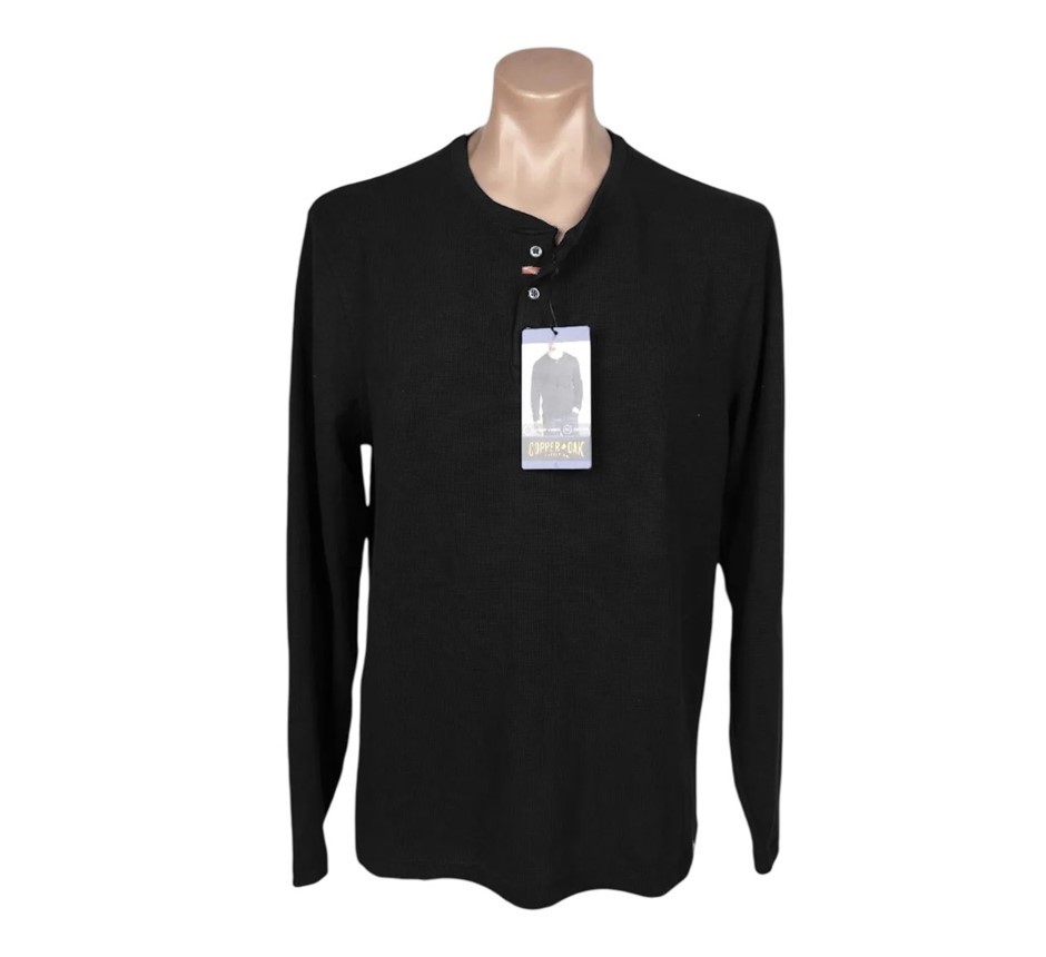 COPPER&OAK Men's Waffle Henley L/S Top, Size L, Black (001).