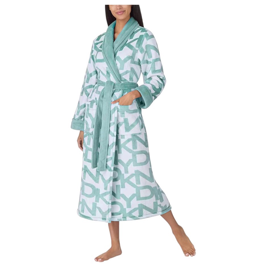 DKNY Women's Long Plush Robe, Size S, Blue/White. You must be 18 years o