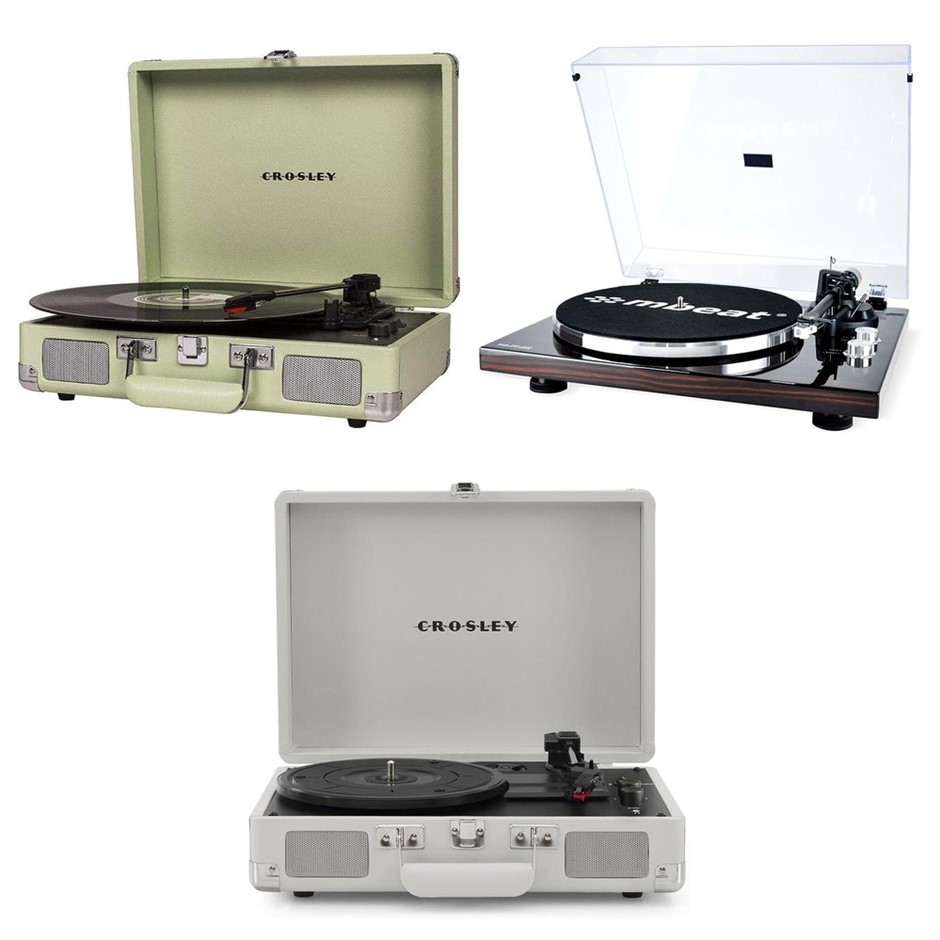 3 x Assorted Turntables. 1 x CROSLEY Cruiser Deluxe Portable Turntable (Min