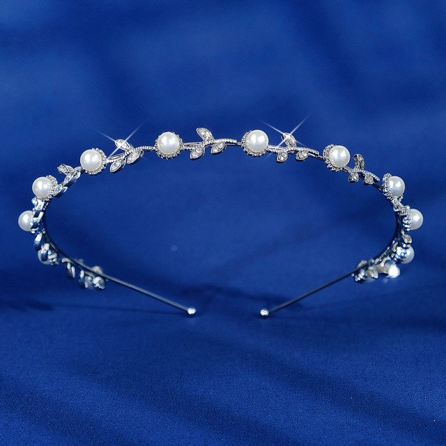 Designer Simulated Diamond and Pearl Bridal Headband in Silver