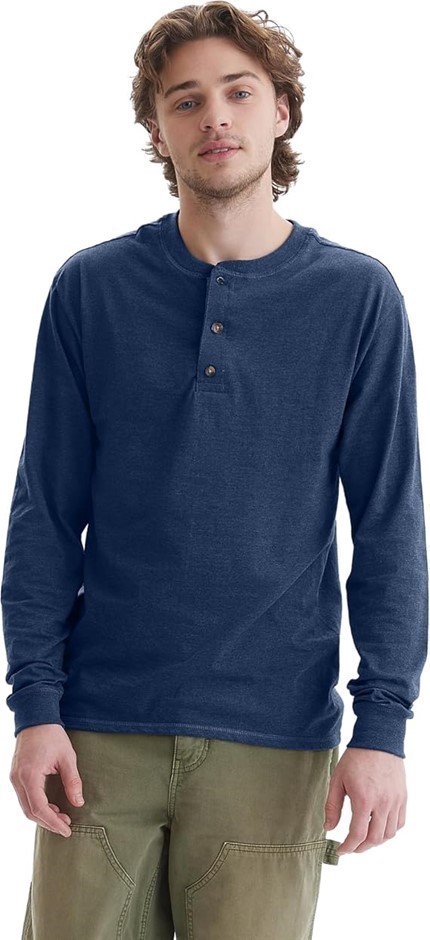 HANES Men's Long Sleeve Beefy Henley Long Sleeves Shirt, Size XL, Navy Heat