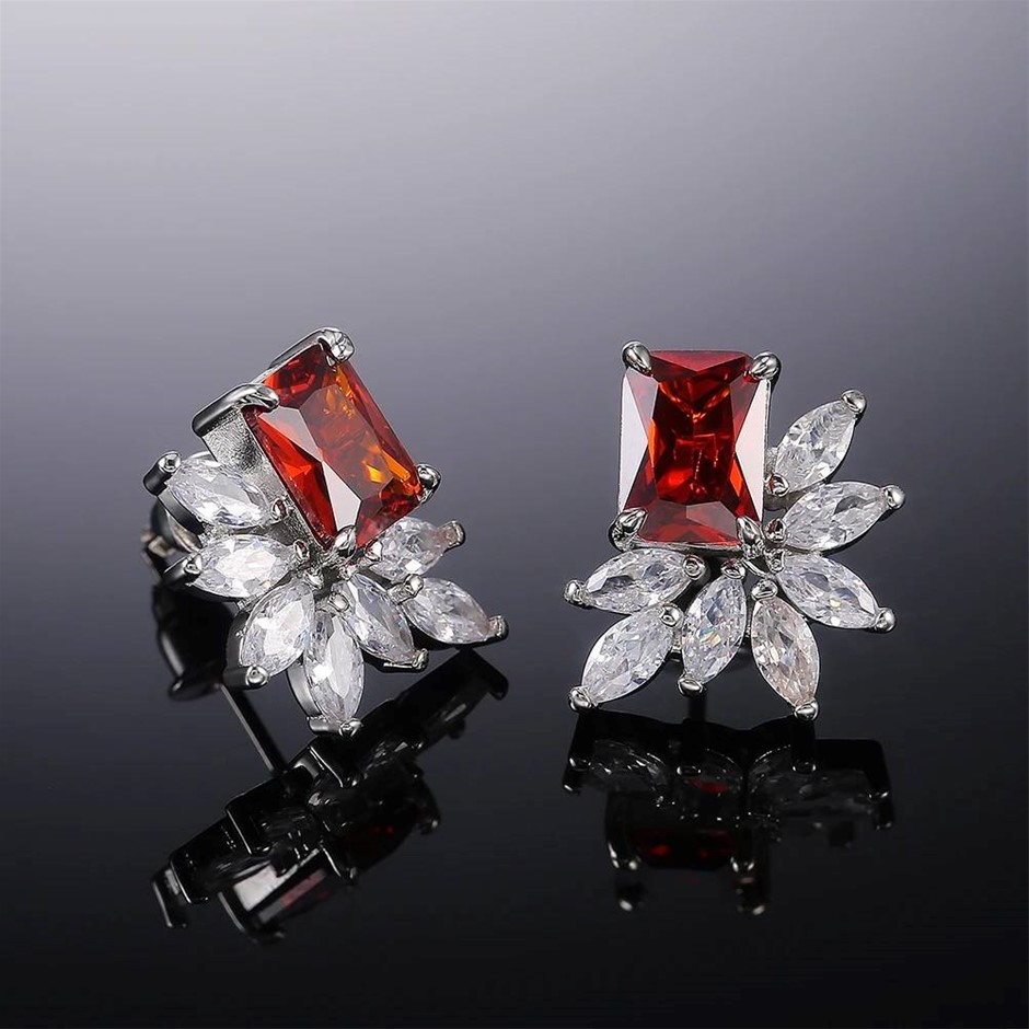 Designer Simulated Diamond Red Bridal Earrings in Silver
