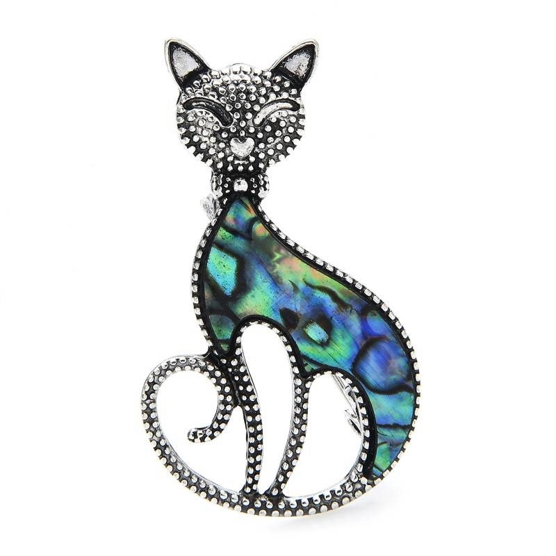 Designer Silver Natural Shell Cat Brooch Pin