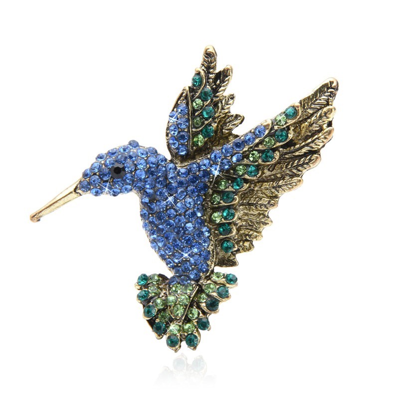 Designer Simulated Diamond Blue, Green & Brown Hummingbird Brooch Pin