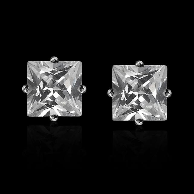 Solid 925 Sterling Silver 6mm Square Stud Earrings Featuring 2 Swarovski