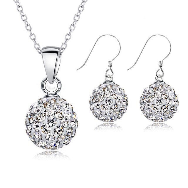 925 Sterling Silver White Crystal Disco Ball Earring & Necklace Set