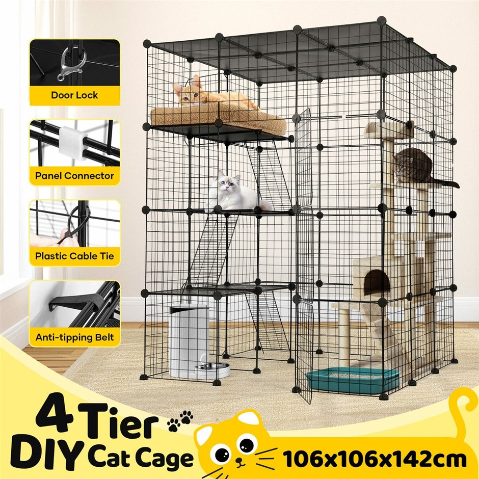 142cm 4 Tier DIY Metal Cat Enclosure 3 Platforms 3 Ramps Detachable