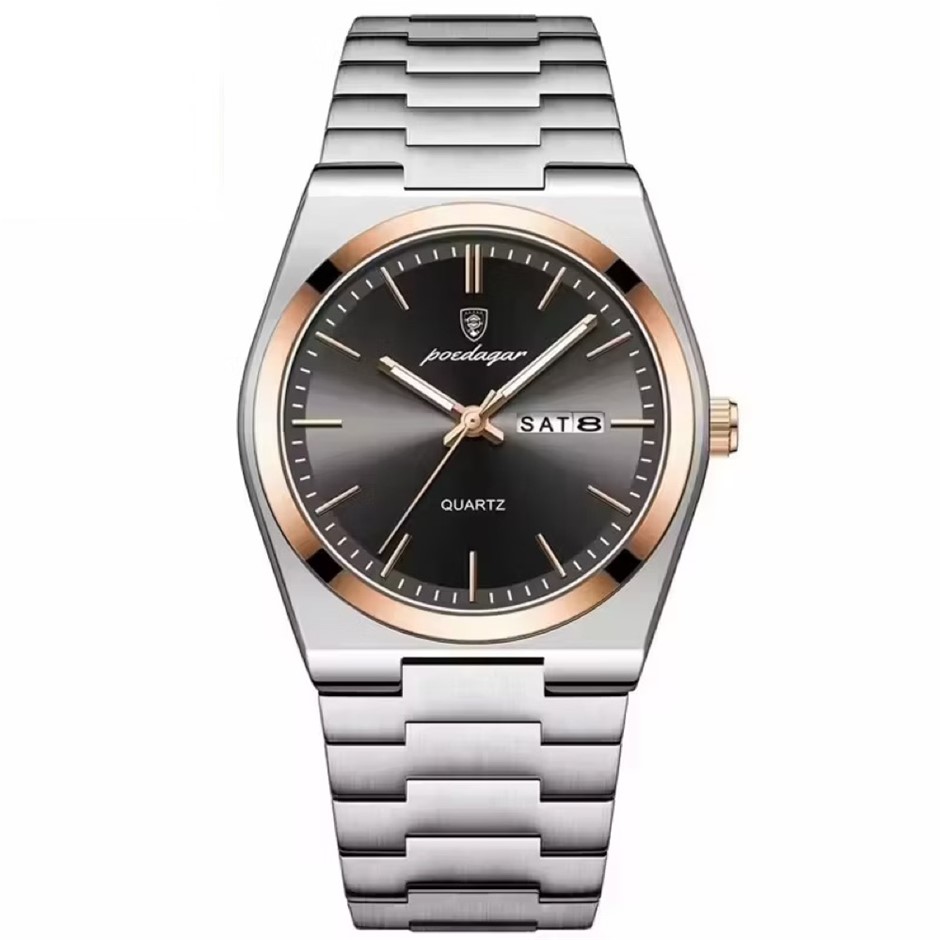 Luxury Quartz Watch Men with Stainless Steel Strap, Silver/Rose Gold/Black