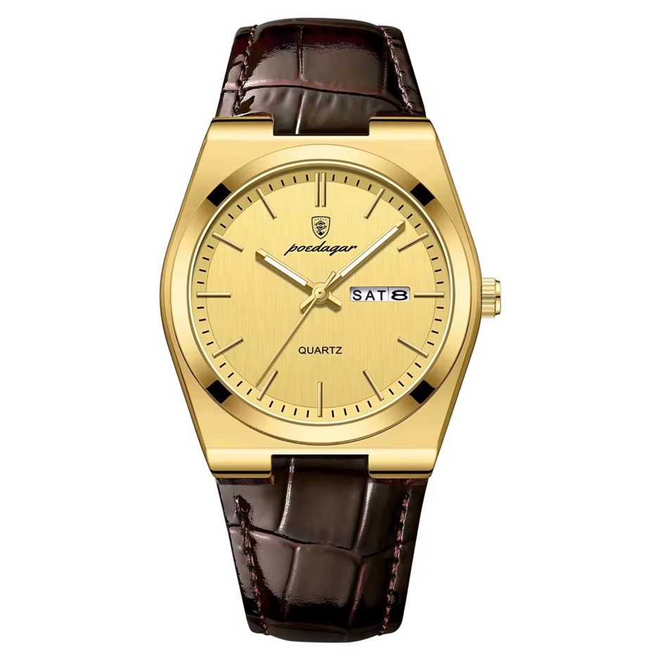 Luxury Quartz Watch for Men, Calendar with Leather Strap, Gold