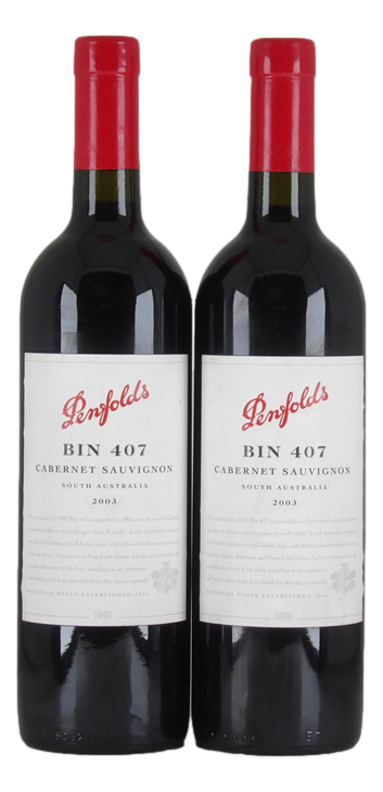 Penfolds `Bin 407` Cabernet Sauvignon 2003 (2x 750mL), SA.