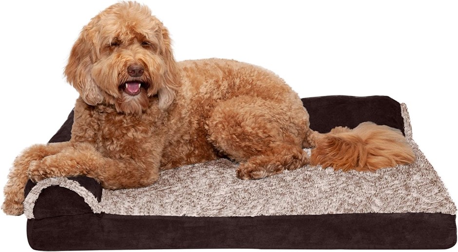 Furhaven Pet Dog Bed | Deluxe Orthopedic Faux Fur & Suede L-Shaped Chaise L