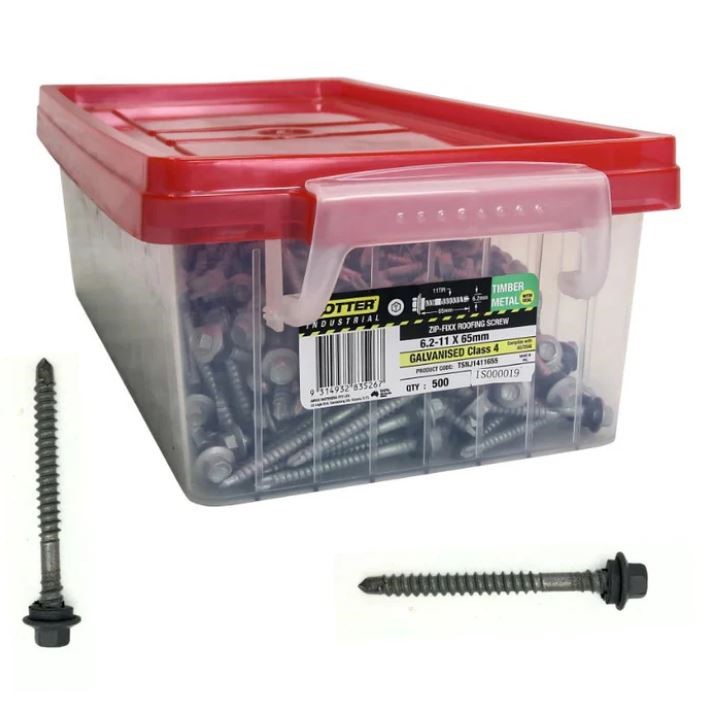 (500)Otter Zip Fixx Roofing Screws, Class 4, Timber & Metal, 6.2-11 x 65mm