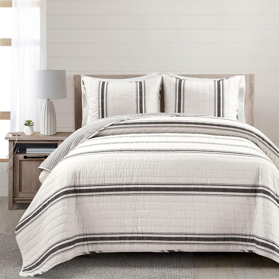 LUSH DECOR Farmhouse Stripe Reversible Oversized Cotton Quilt Black 3Pc Set