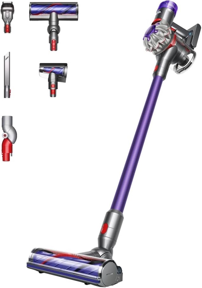 DYSON V8 Extra Cordless Vacuum Cleaner, Silver/Purple. NB: Has been used, n
