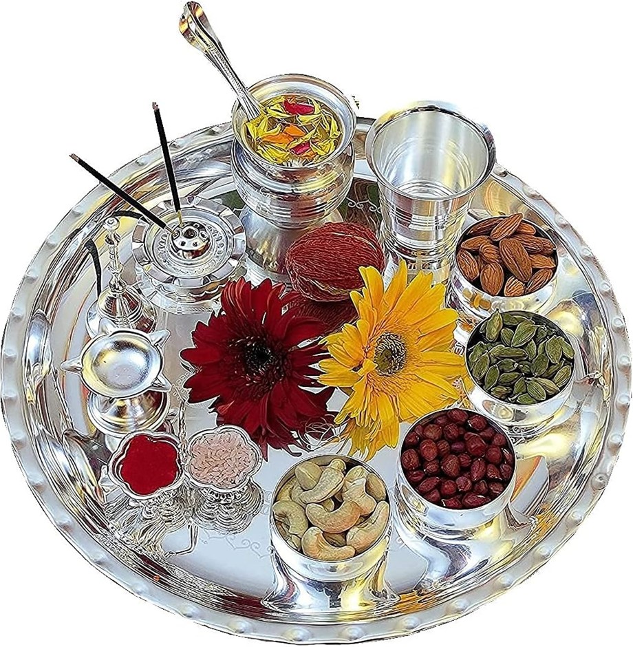 NOBILITY Silver Plated Glossy Puja Thali Set Ganesha Laxmi Design Subh Labh