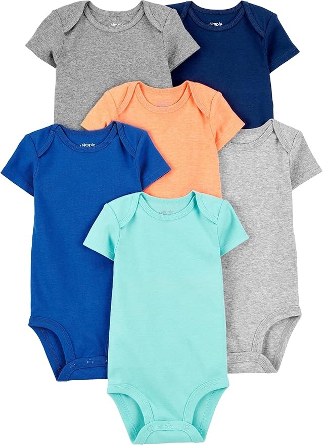 6pk x SIMPLE JOYS BY CARTER'S Boy's SS Bodysuit, Size 6-9M, Blue/Orange/Min