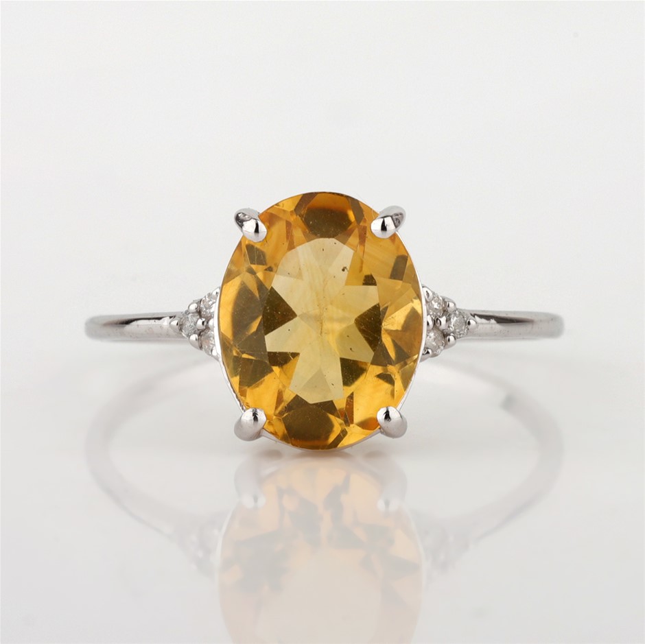 White Gold Natural Citrine & Diamond Ring