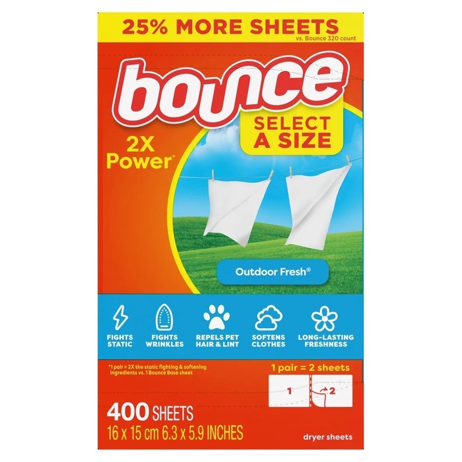 BOUNCE 400pk Fabric Softener Dryer Sheets, Outdoor Fresh. NB: Damaged packa