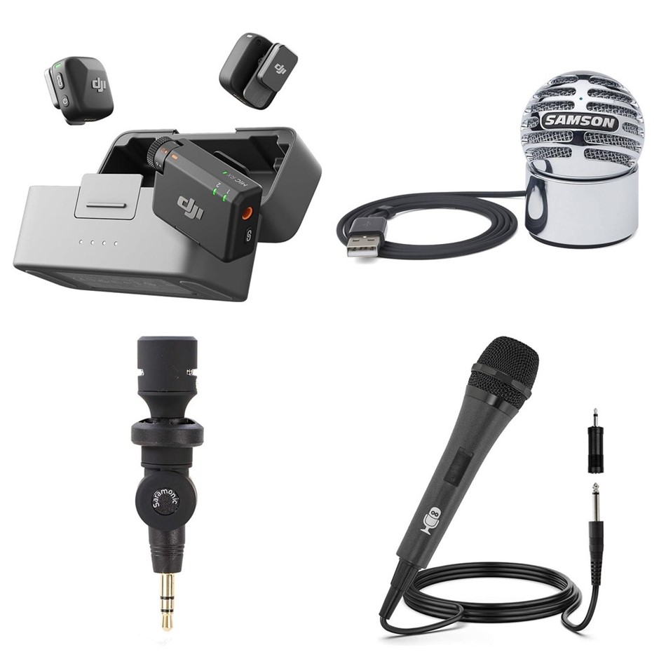 4 x Microphones. 1 x DJI Mic Mini 2 TX + 1 RX Wireless Mic. 1 x SAMSON USB