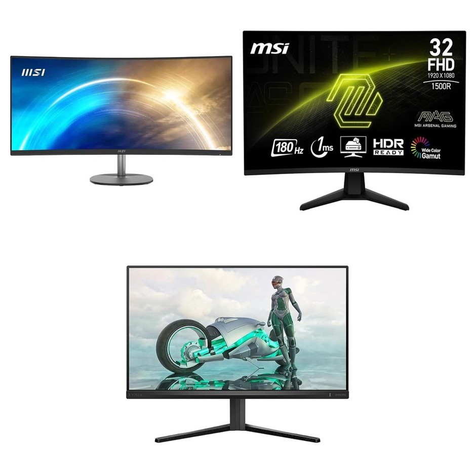 3 x Assorted Monitors. Incl: 1 x MSI PRO MP341CQ 34" UW 3440x1440, VA, 100H