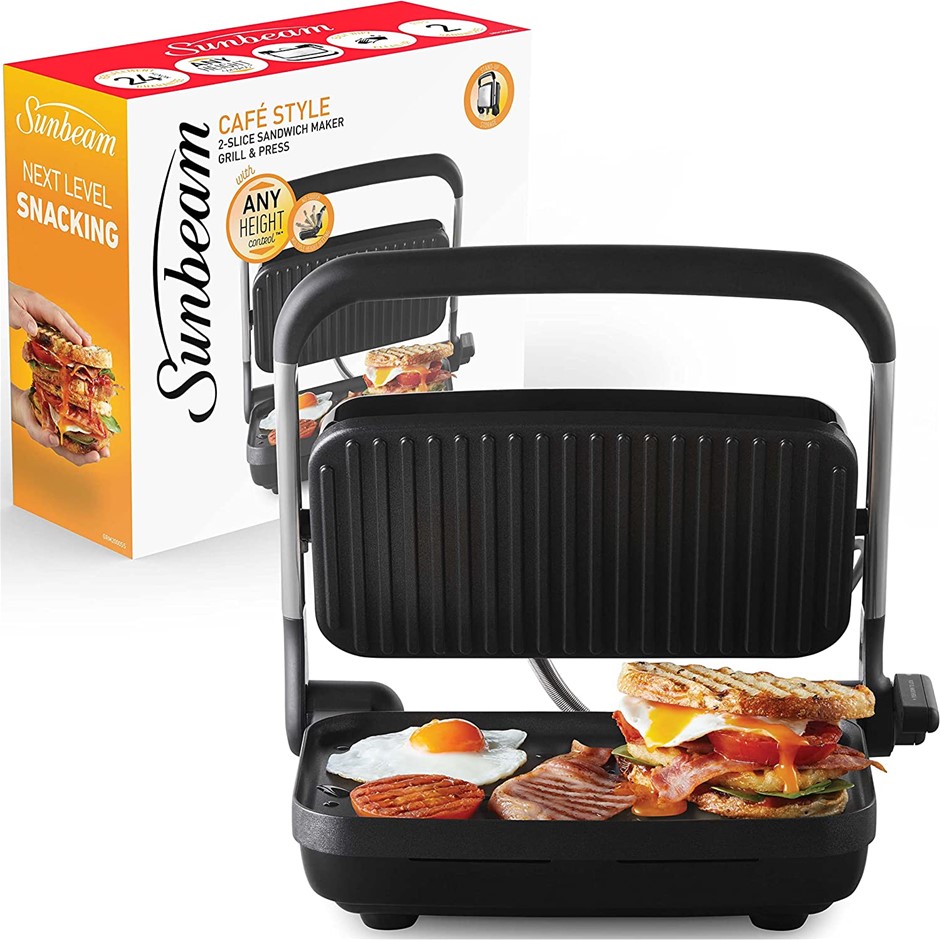 SUNBEAM Cafe Style 2 Slice Sandwich Press and Maker, Nonstick Coating, Fits