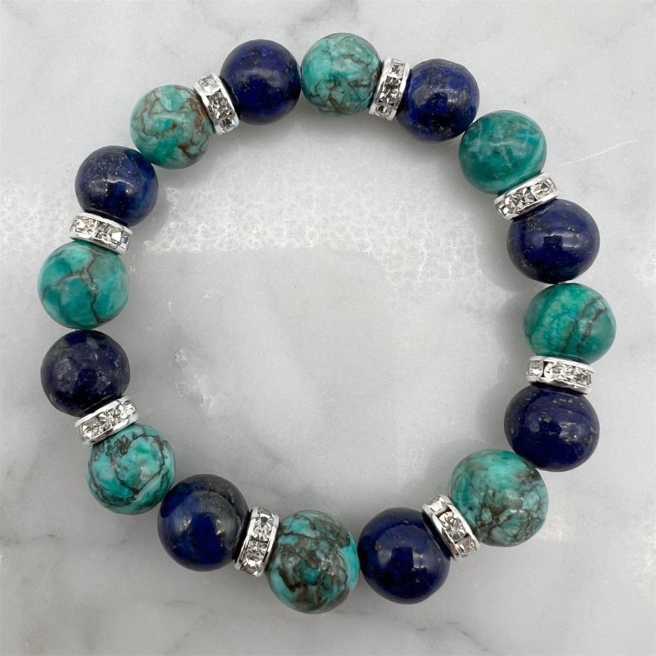 Lapis Lazuli, African Jasper & Rhinestone Spacer Stretch Beaded Bracelet