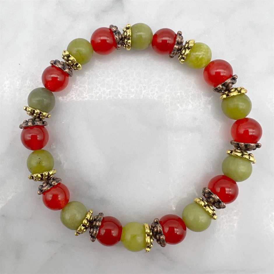 Peridot, "Jade" Quartz & Rhinestone Spacer Stretch Beaded Bracelet