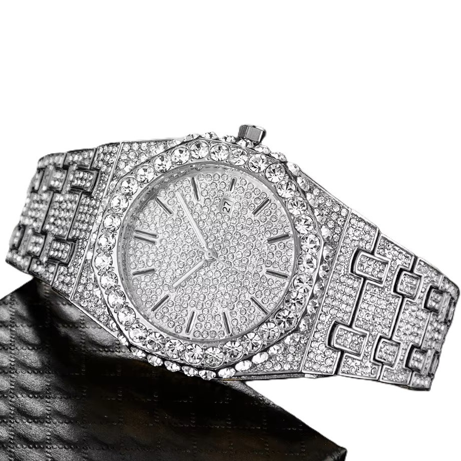Men's Silver Blinged-Out Hip Hop Watch