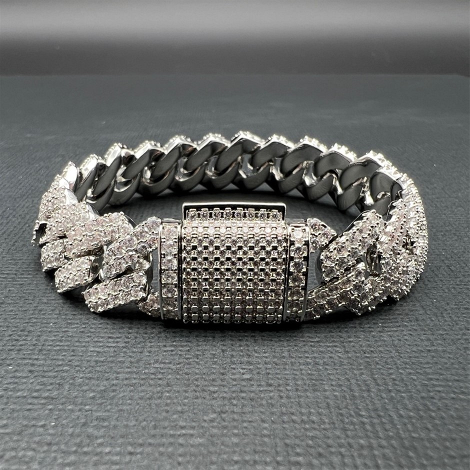 18K White-Filled Cuban Chain Bracelet, AAA+ Cubic Zirconia's- 20.3cm
