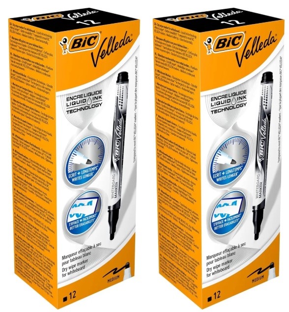 BIC Velleda Liquid Ink Dry Wipe Pocket Markers - Black (Pack of 12)