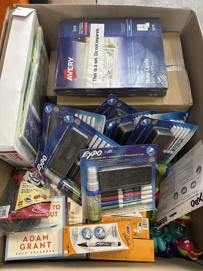 1 box of Office supplies, folders, markers, notebooks, notecards
