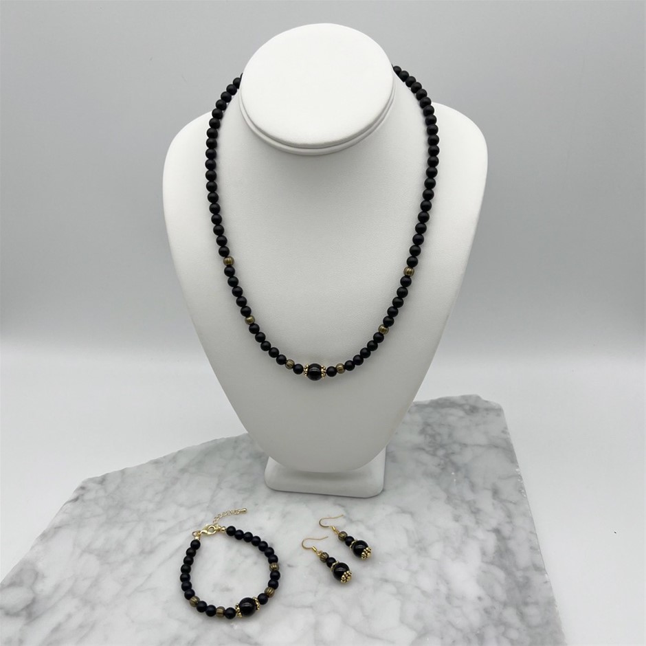 6-10mm Round Frosted Black Stone & Black Agate Gemstone Jewellery Set