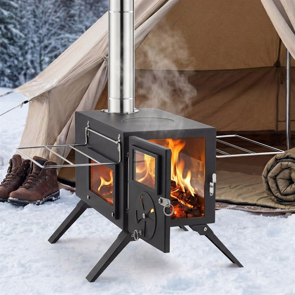 Portable Camping Wood Burning Tent Stove Carbon Steel 7 Chimney Pipes