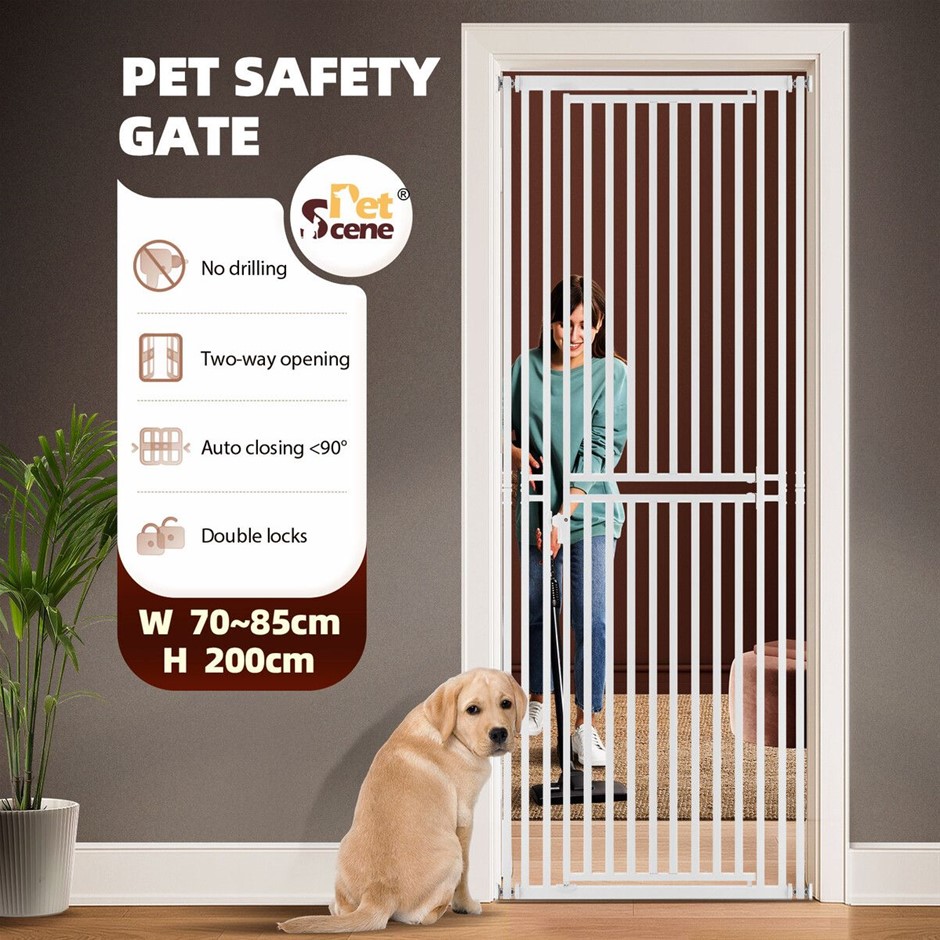 200cm Tall Pet Safety Gate Doorway Stairs Kitchen 70-85cm Adjustable White