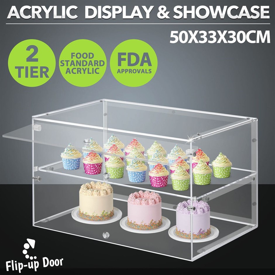 2 Tier Acrylic Cake Display Cabinet Flip Door Bakery Showcase 5mm