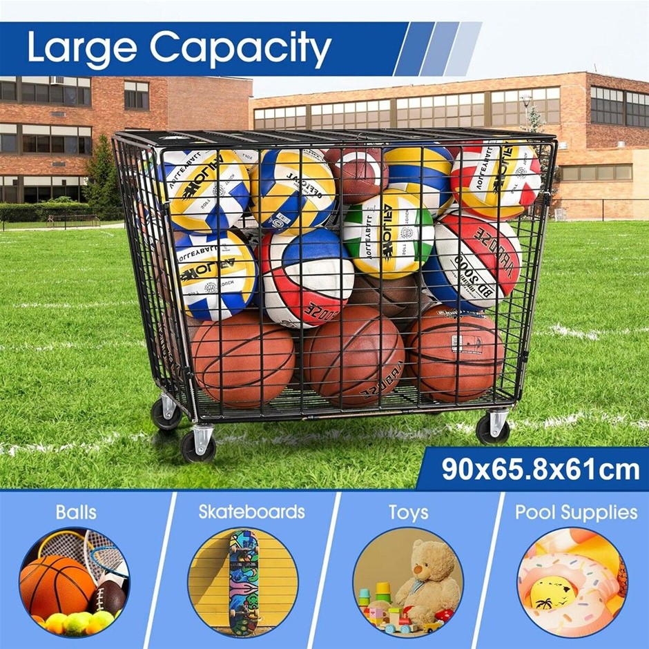 Lockable Sports Ball Storage Cart Basketball Equipment Rack