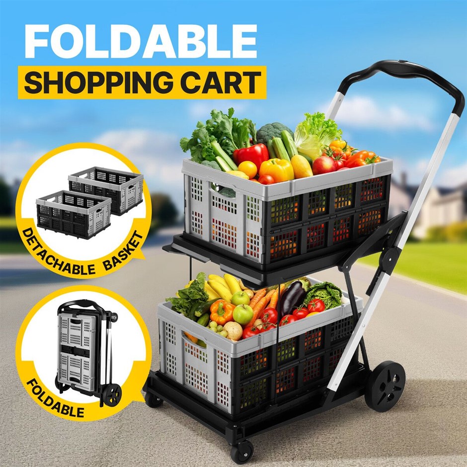 Folding Hand Truck Shopping Trolley 2 Basket Utility Cart 4 Wheels