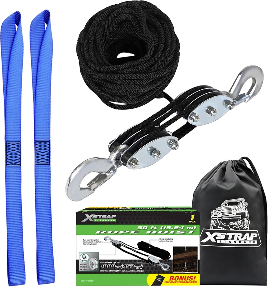 XSTRAP Heavy-Duty 2,000 LB Breaking Strength 50 FT Rope Hoist (Black) NB: d