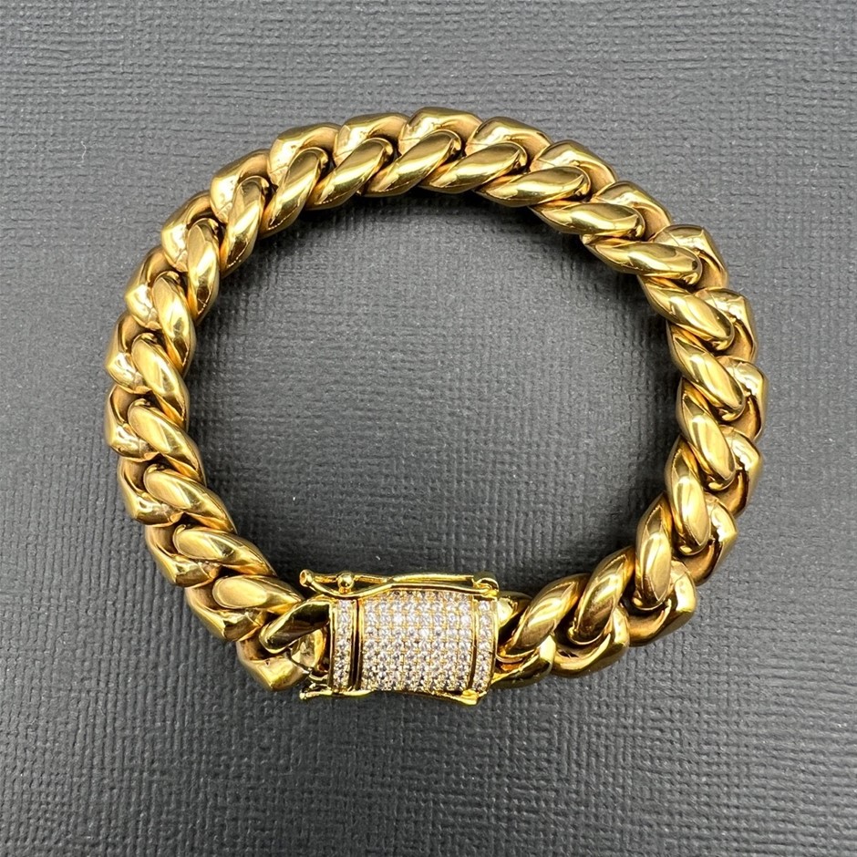 18K Gold-Filled Cuban Bracelet with Simulated Diamond Clasp - 19cm