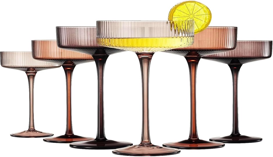 KHEN Venus Colors 6 Pcs Ribbed Coupe Glasses. NB: Slightly damaged box.